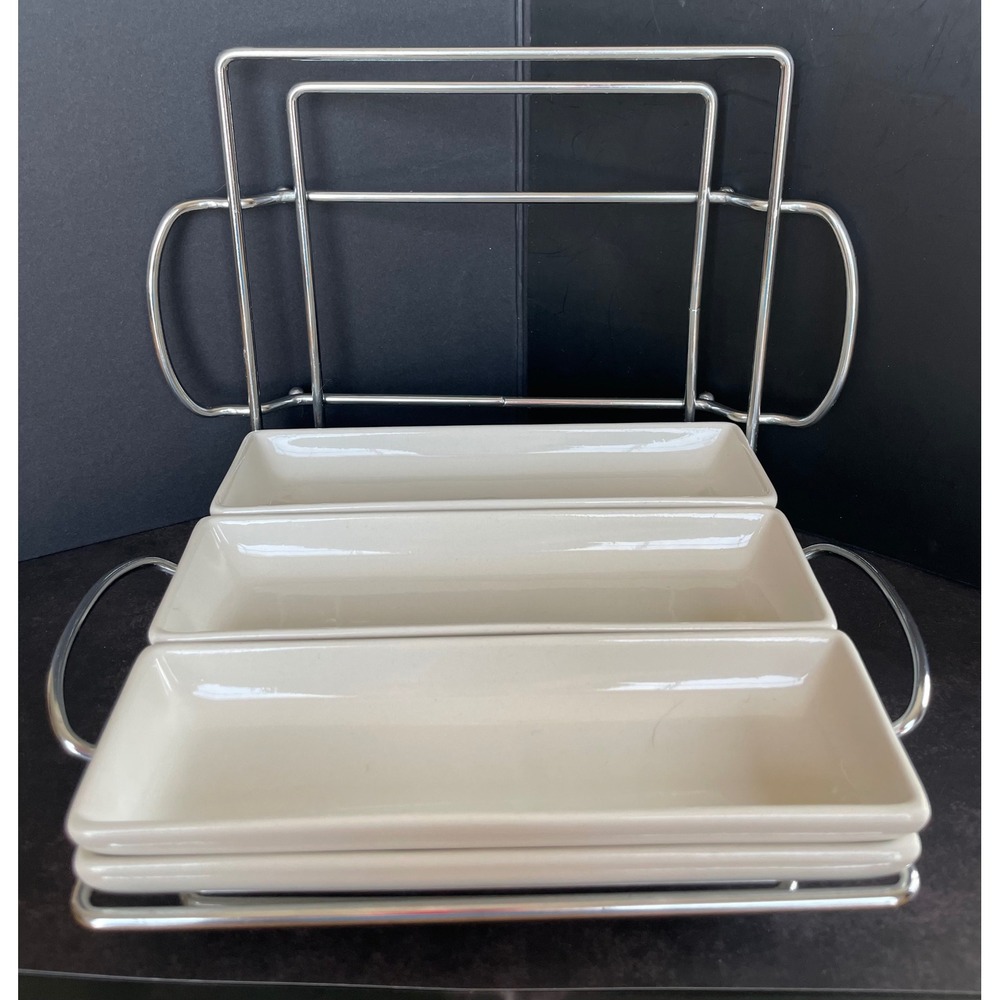 Godinger Sienna 6 Piece Ceramic Tray Set‎ with Chrome Display Stands Cream Color
